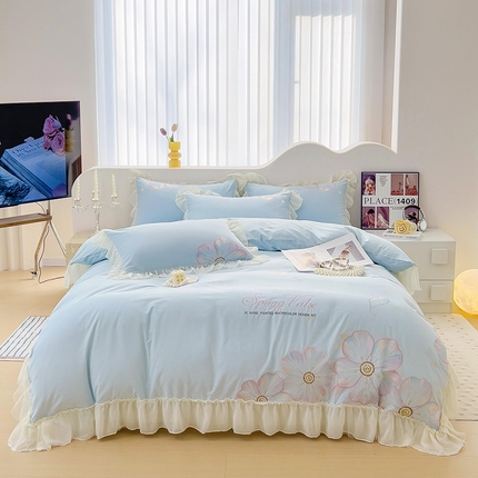 91家纺网 家纺一手货源 找家纺 迪欧芙 2024新款全棉刺绣四件套-迎春 迎春-蓝