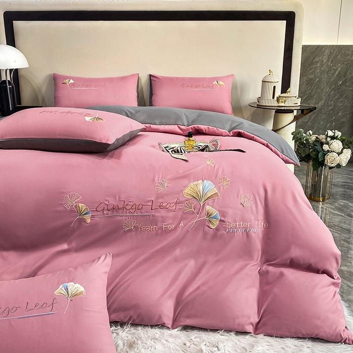 91家纺网 家纺一手货源 找家纺 孟鑫 2025新款水洗磨毛刺绣绣花四件套-三生有杏系列 红豆沙