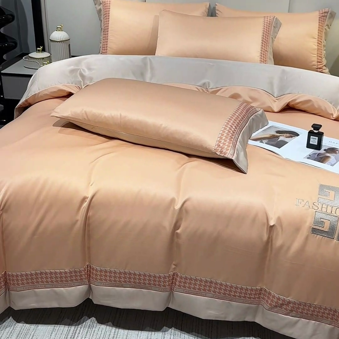 91家纺网 家纺一手货源 找家纺 富盛家纺 2024新款水洗真丝刺绣四件套-威灵顿 威灵顿—橘色