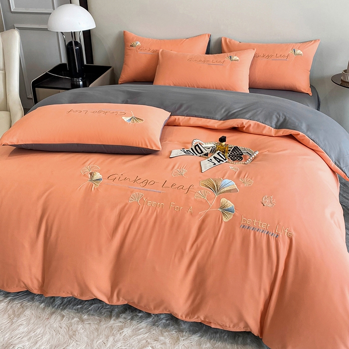 91家纺网 家纺一手货源 找家纺 孟鑫 2025新款水洗磨毛刺绣绣花四件套-三生有杏系列 艾玛橙