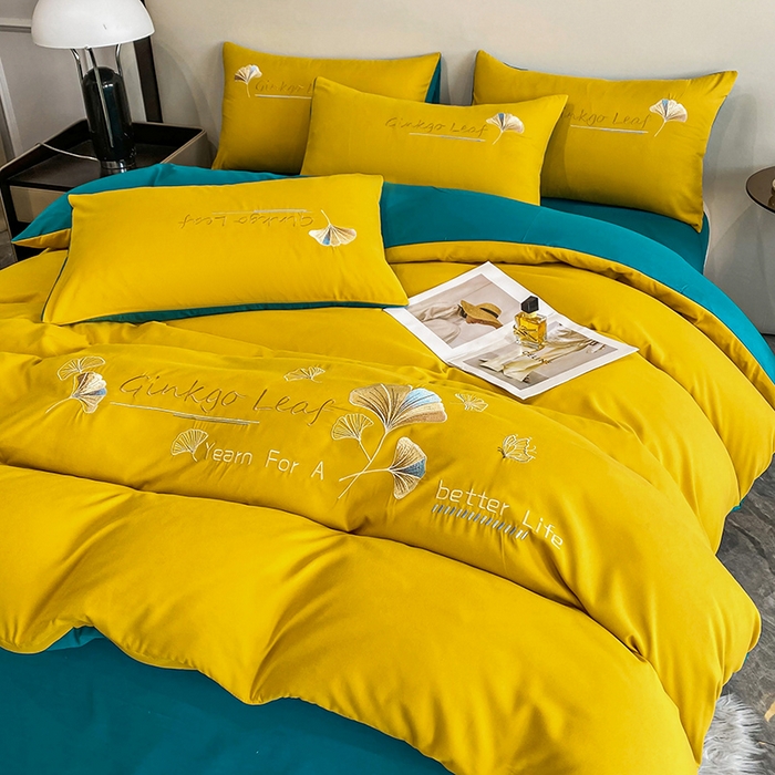 91家纺网 家纺一手货源 找家纺 孟鑫 2025新款水洗磨毛刺绣绣花四件套-三生有杏系列 姜黄