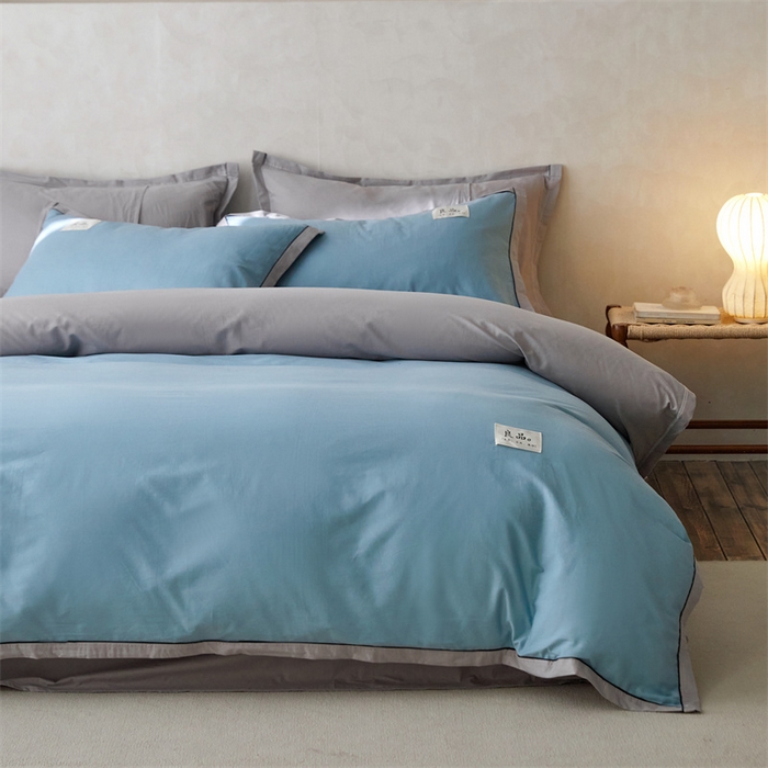 91家纺网 家纺一手货源 找家纺 启程家纺 2024新款全棉A类40支嵌绳包边款四件套 蓝灰