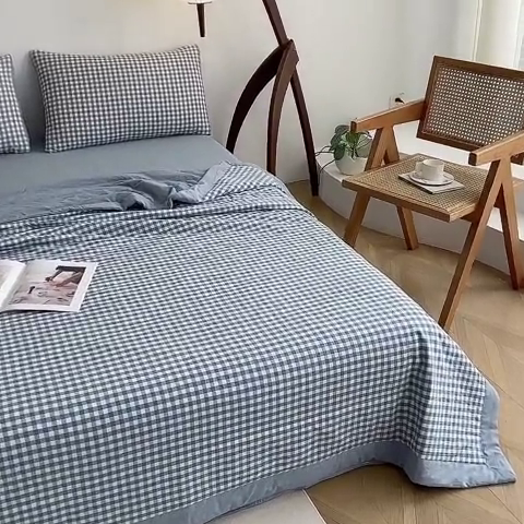 91家纺网 家纺一手货源 找家纺 青螺家纺 2024全棉水洗棉双面色织100%新疆棉花夏被三件套四件套枕套床单 支持质检验货 小兰格