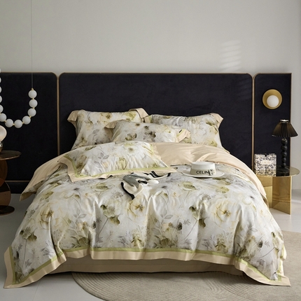 91家纺网 家纺一手货源 找家纺 薏思家纺 2025新款100支澳棉数码印花双飞边全棉四件套 花溪