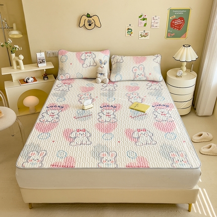 91家纺网 家纺一手货源 找家纺 世纪绒品 2026新款凉感丝印花款乳胶凉席 萌萌兔-粉