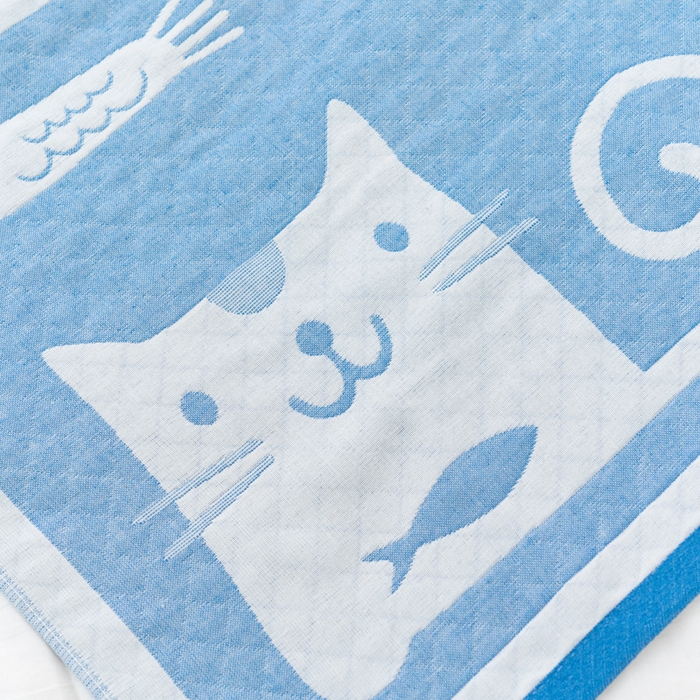 91家纺网 家纺一手货源 找家纺 朴尔家纺-毛巾被 2024新款特惠混纺棉质三层纱布独版AB面枕巾 52*78cm一对 爱鱼的猫蓝