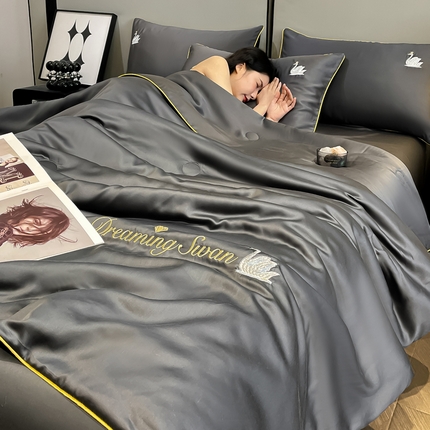 91家纺网 家纺一手货源 找家纺 如一 2024新款麻绳系列水洗冰丝夏被四件套 天鹅-高级灰