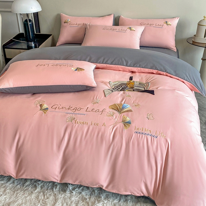 91家纺网 家纺一手货源 找家纺 孟鑫 2025新款水洗磨毛刺绣绣花四件套-三生有杏系列 初恋粉