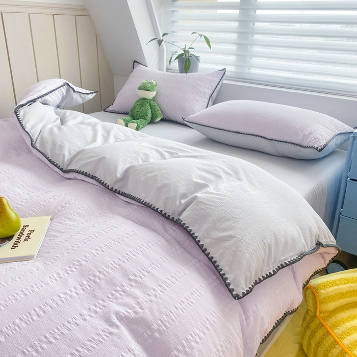 91家纺网 家纺一手货源 找家纺 羋多2024新款贝壳边雨泡泡棉泡泡纱双层纱四件套 香芋紫+雅士灰