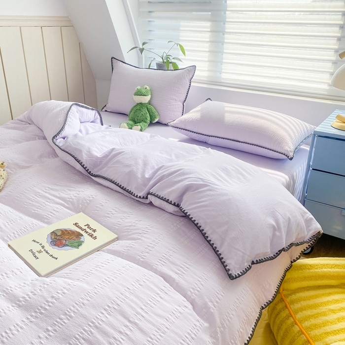 91家纺网 家纺一手货源 找家纺 羋多2024新款贝壳边雨泡泡棉泡泡纱双层纱四件套 香芋紫