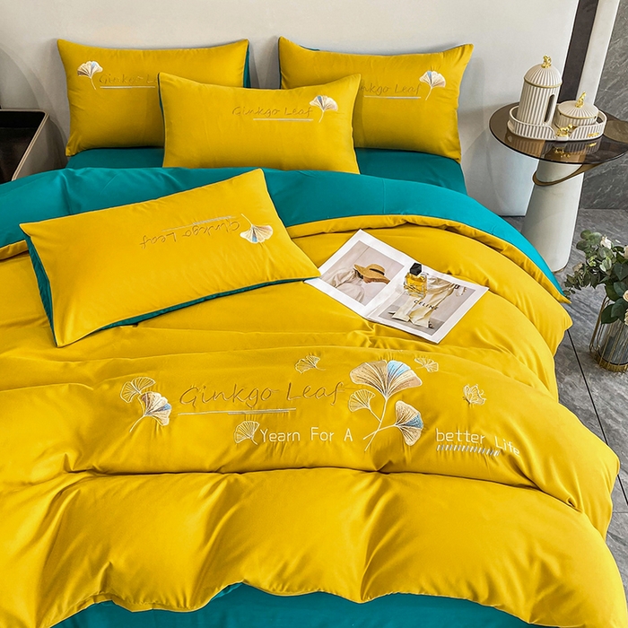 91家纺网 家纺一手货源 找家纺 孟鑫 2025新款水洗磨毛刺绣绣花四件套-三生有杏系列 姜黄