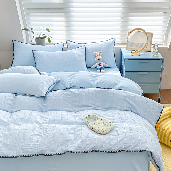 91家纺网 家纺一手货源 找家纺 （总）羋多2024新款贝壳边雨泡泡棉泡泡纱双层纱四件套