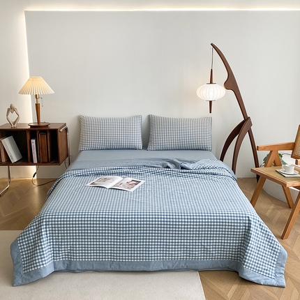 青螺家纺 2024全棉水洗棉双面色织100%新疆棉花夏被三件套四件套枕套床单 支持质检验货 小兰格