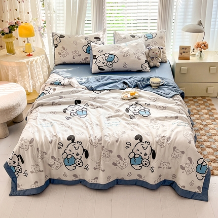 91家纺网 家纺一手货源 找家纺 妖妖家纺 2024新款超柔软糯水洗云朵棉印花夏被四件套 WINK狗狗
