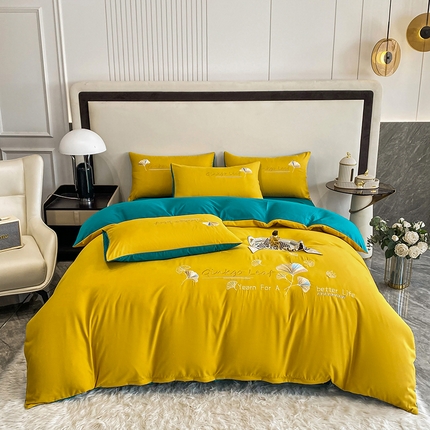 孟鑫 2025新款水洗磨毛刺绣绣花四件套-三生有杏系列 姜黄