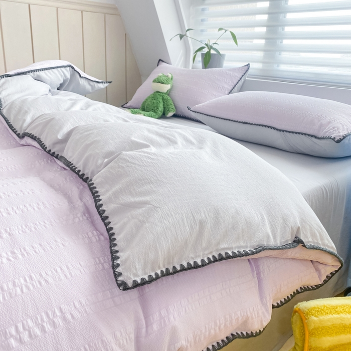 91家纺网 家纺一手货源 找家纺 羋多2024新款贝壳边雨泡泡棉泡泡纱双层纱四件套 香芋紫+雅士灰