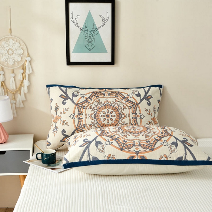 91家纺网 家纺一手货源 找家纺 朴尔家纺-毛巾被 2024新款素雅系列全棉系列四层纱布枕巾 恋恋花枝-驼