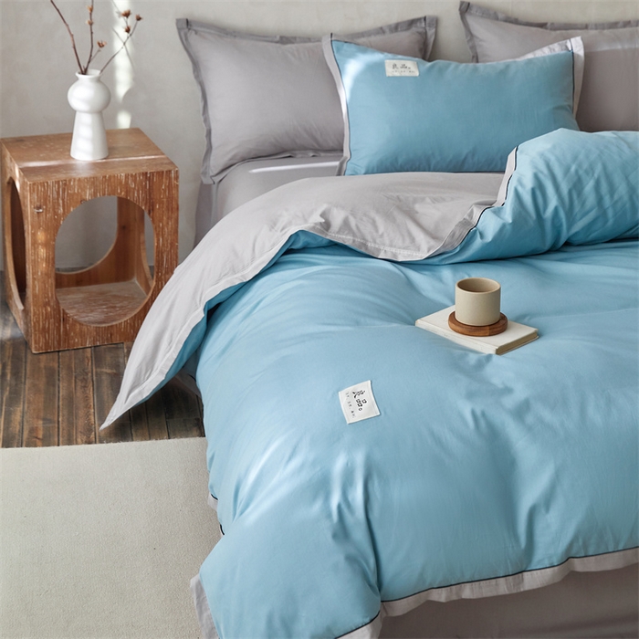 91家纺网 家纺一手货源 找家纺 启程家纺 2024新款全棉A类40支嵌绳包边款四件套 蓝灰