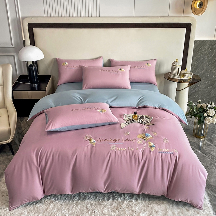 91家纺网 家纺一手货源 找家纺 孟鑫 2025新款水洗磨毛刺绣绣花四件套-三生有杏系列 粉紫