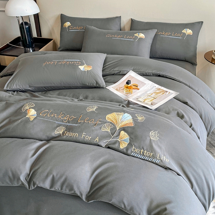 91家纺网 家纺一手货源 找家纺 孟鑫 2025新款水洗磨毛刺绣绣花四件套-三生有杏系列 时尚灰