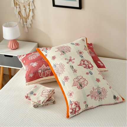 91家纺网 家纺一手货源 找家纺 朴尔家纺-毛巾被 2024新款素雅系列全棉系列四层纱布枕巾 海洋贝贝-红