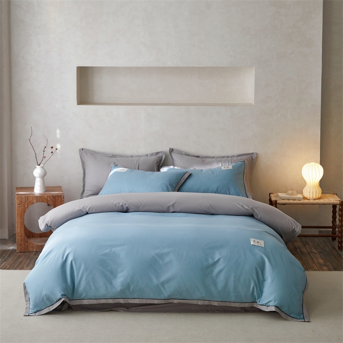 91家纺网 家纺一手货源 找家纺 启程家纺 2024新款全棉A类40支嵌绳包边款四件套 蓝灰