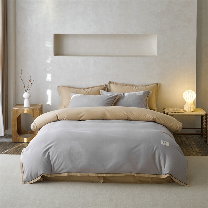 91家纺网 家纺一手货源 找家纺 启程家纺 2024新款全棉A类40支嵌绳包边款四件套 灰卡其