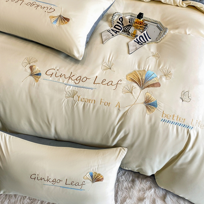 91家纺网 家纺一手货源 找家纺 孟鑫 2025新款水洗磨毛刺绣绣花四件套-三生有杏系列 米白