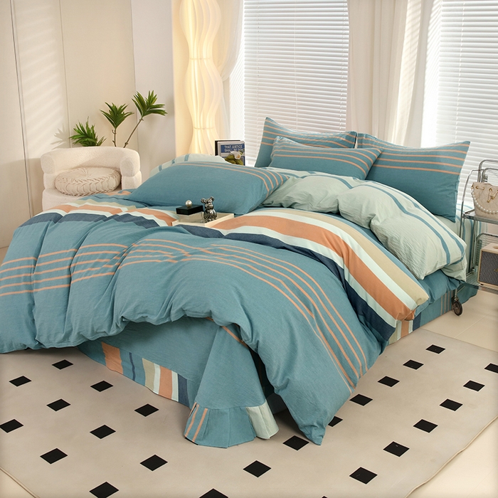 91家纺网 家纺一手货源 找家纺 金纱玉纺家纺 2024新款色织全棉水洗棉四件套 罗拉之恋-兰