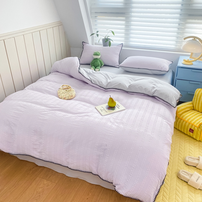 91家纺网 家纺一手货源 找家纺 羋多2024新款贝壳边雨泡泡棉泡泡纱双层纱四件套 香芋紫+雅士灰