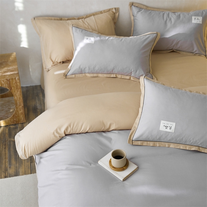 91家纺网 家纺一手货源 找家纺 启程家纺 2024新款全棉A类40支嵌绳包边款四件套 灰卡其