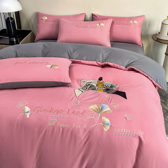 91家纺网 家纺一手货源 找家纺 孟鑫 2025新款水洗磨毛刺绣绣花四件套-三生有杏系列 红豆沙