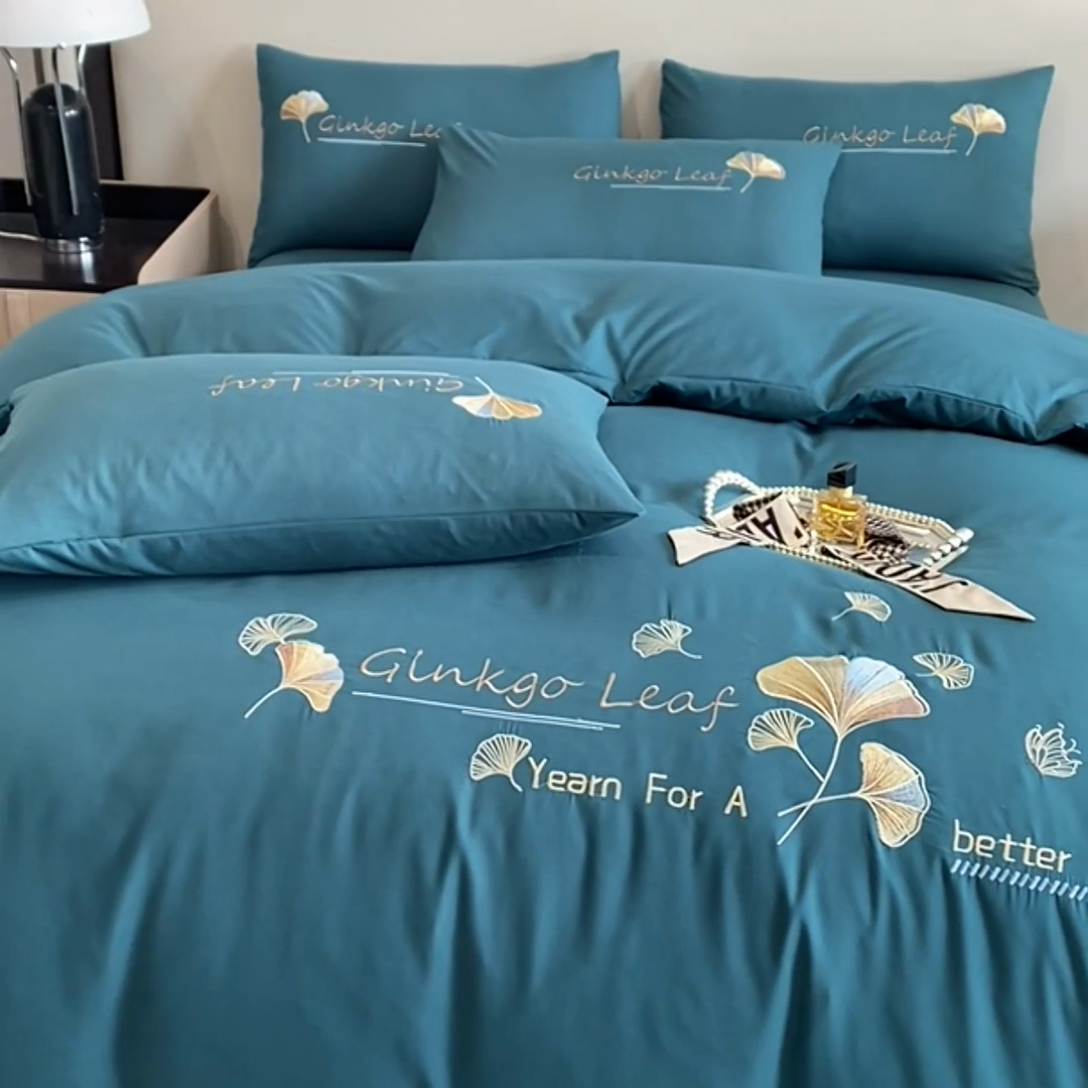 91家纺网 家纺一手货源 找家纺 孟鑫 2025新款水洗磨毛刺绣绣花四件套-三生有杏系列 森林绿