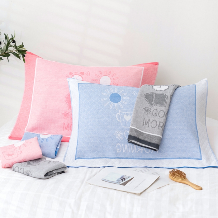 91家纺网 家纺一手货源 找家纺 朴尔家纺-毛巾被 2024新款特惠混纺棉质三层纱布独版AB面枕巾 52*78cm一对 早安灰