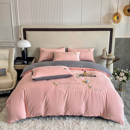 孟鑫 2025新款水洗磨毛刺绣绣花四件套-三生有杏系列 初恋粉
