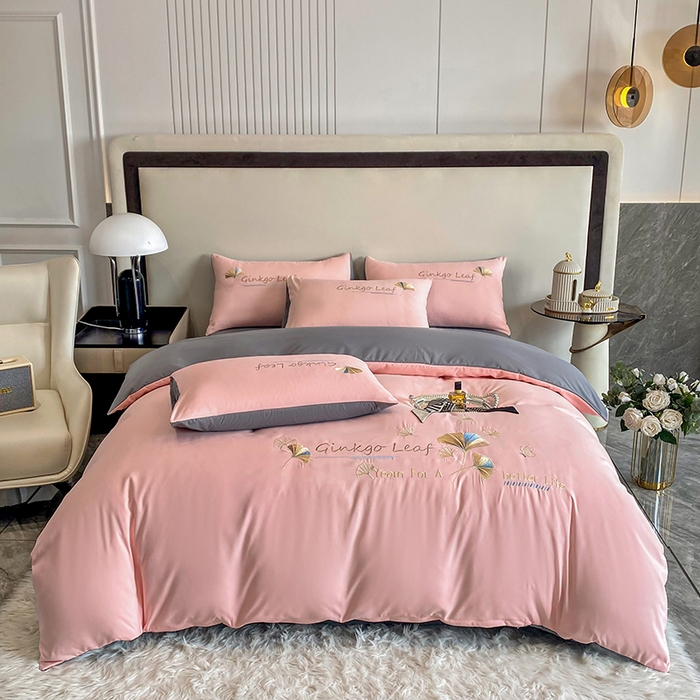 91家纺网 家纺一手货源 找家纺 孟鑫 2025新款水洗磨毛刺绣绣花四件套-三生有杏系列 初恋粉