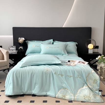 91家纺网 家纺一手货源 找家纺 你好美丽 2025新款水洗磨毛刺绣夏被四件套-花开盛夏 花开盛夏-绿