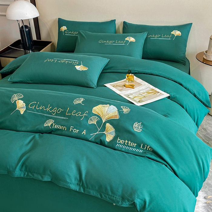 91家纺网 家纺一手货源 找家纺 孟鑫 2025新款水洗磨毛刺绣绣花四件套-三生有杏系列 森林绿