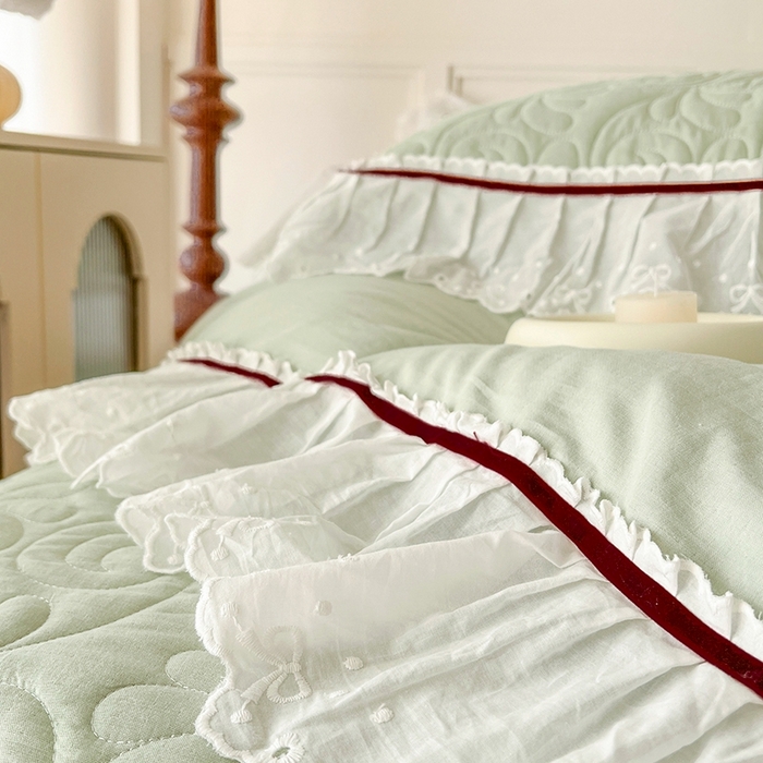 91家纺网 家纺一手货源 找家纺 麒豆豆 2024新款全棉双层纱花边款爱丽丝系列单床裙 豆蔻绿