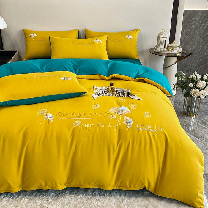 91家纺网 家纺一手货源 找家纺 孟鑫 2025新款水洗磨毛刺绣绣花四件套-三生有杏系列 姜黄