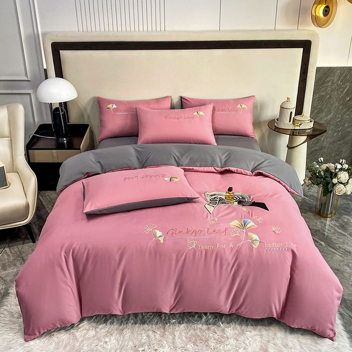 91家纺网 家纺一手货源 找家纺 孟鑫 2025新款水洗磨毛刺绣绣花四件套-三生有杏系列 红豆沙