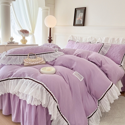91家纺网 家纺一手货源 找家纺 网红馆 2025新款全棉双层纱四件套花边款爱丽丝系列 风信紫