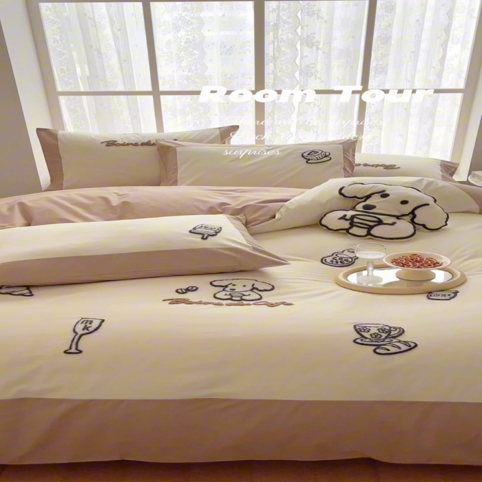 91家纺网 家纺一手货源 找家纺 泽西家纺 2024新款全棉水洗棉毛巾绣大拼角四件套 奶香泡芙