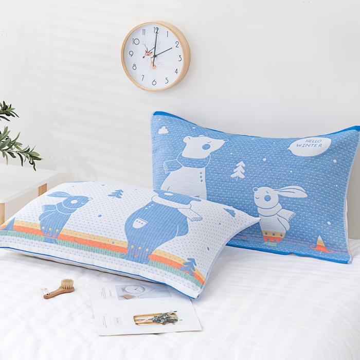 91家纺网 家纺一手货源 找家纺 朴尔家纺-毛巾被 2024新款特惠混纺棉质三层纱布独版AB面枕巾 52*78cm一对 爱心熊兰