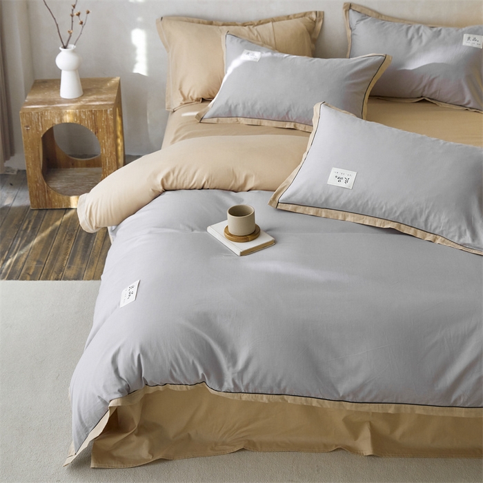 91家纺网 家纺一手货源 找家纺 启程家纺 2024新款全棉A类40支嵌绳包边款四件套 灰卡其