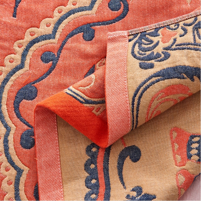 91家纺网 家纺一手货源 找家纺 朴尔家纺2024新款民族风彩棉系列四层纱布枕巾 印象派橘