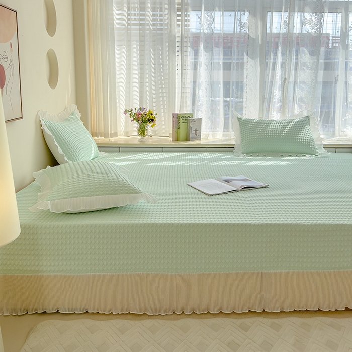 91家纺网 家纺一手货源 找家纺 冬然家纺 2024新款素色花边系列冰豆豆榻榻米凉席 抹茶绿