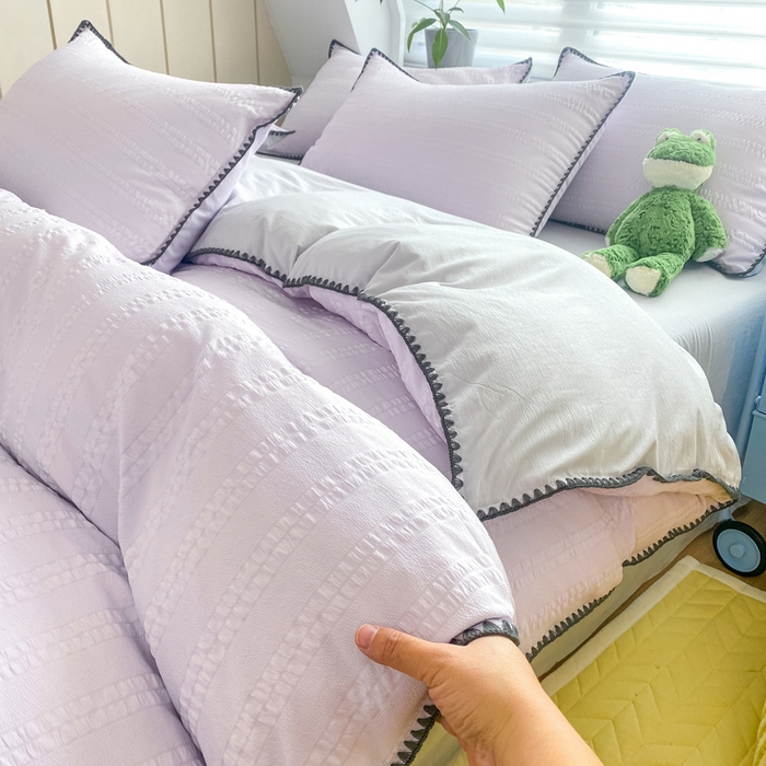 91家纺网 家纺一手货源 找家纺 羋多2024新款贝壳边雨泡泡棉泡泡纱双层纱四件套 香芋紫+雅士灰