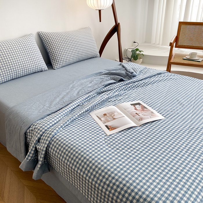 91家纺网 家纺一手货源 找家纺 青螺家纺 2024全棉水洗棉双面色织100%新疆棉花夏被三件套四件套枕套床单 支持质检验货 小兰格