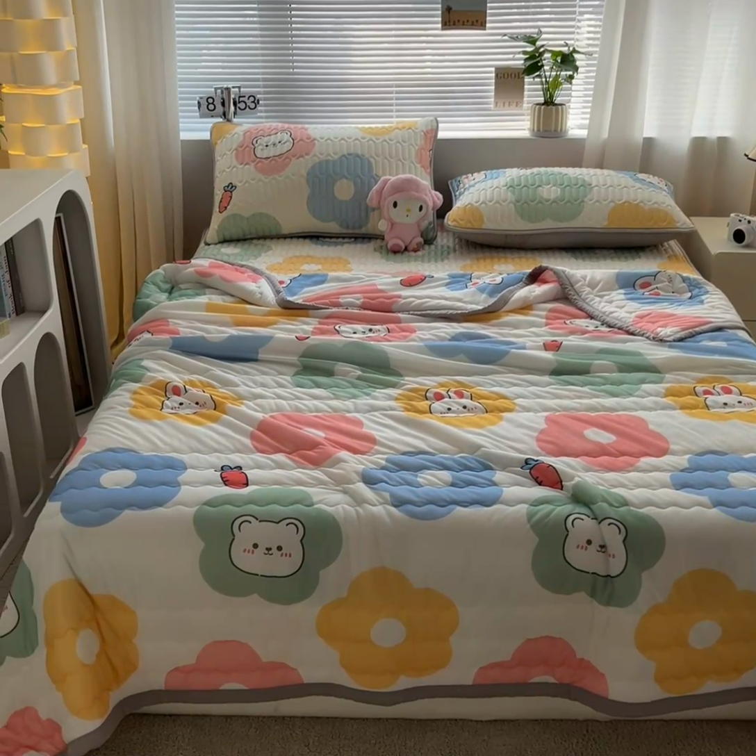 91家纺网 家纺一手货源 找家纺 福来临家纺 2025新款A类凉感丝印花含胶床笠 向阳花